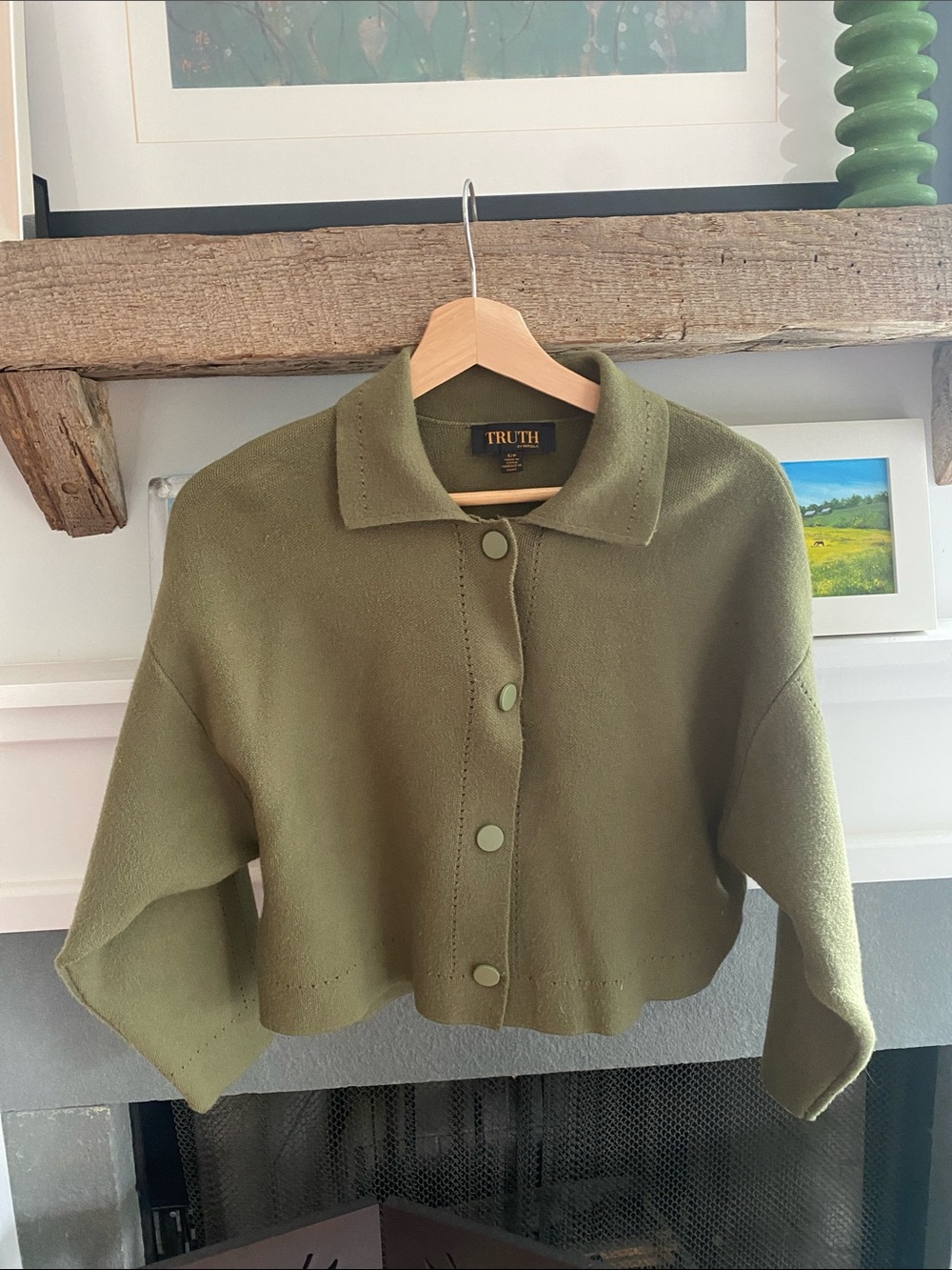Truth Olive Cropped Teddy Button Jacket